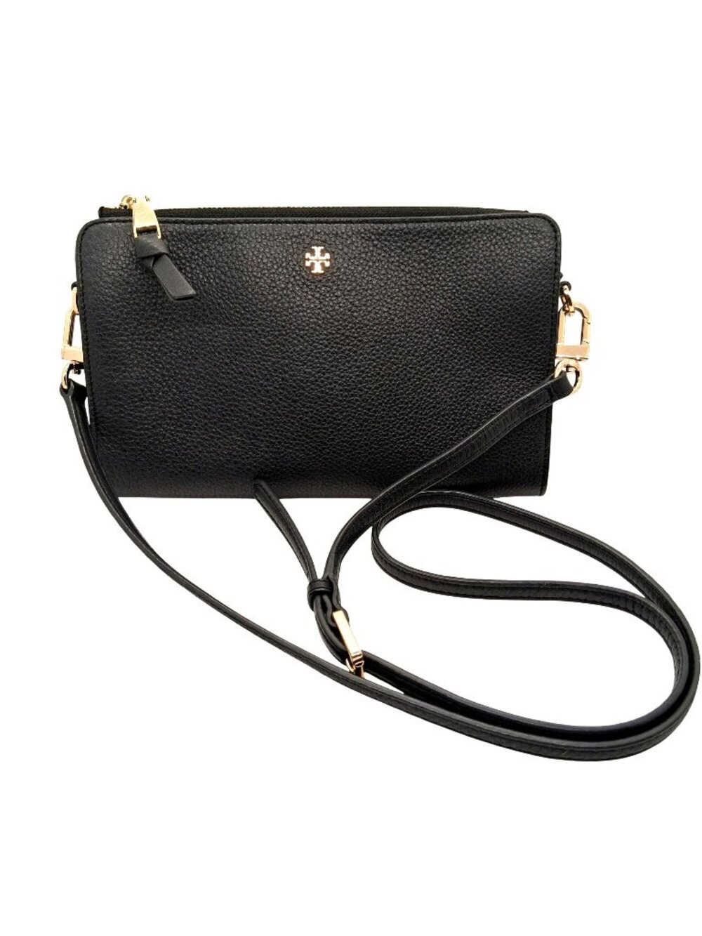 Tory Burch Black Leather Crossbody Bag Gold Hardware Adjustable Strap 9" x 6"
